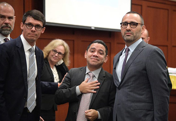 Clemente Aguirre (center) and his attorney, Joshua Dubin (R), in court after he was exonerated on Nov. 5, 2018. (Image: Phelan Ebanhack)