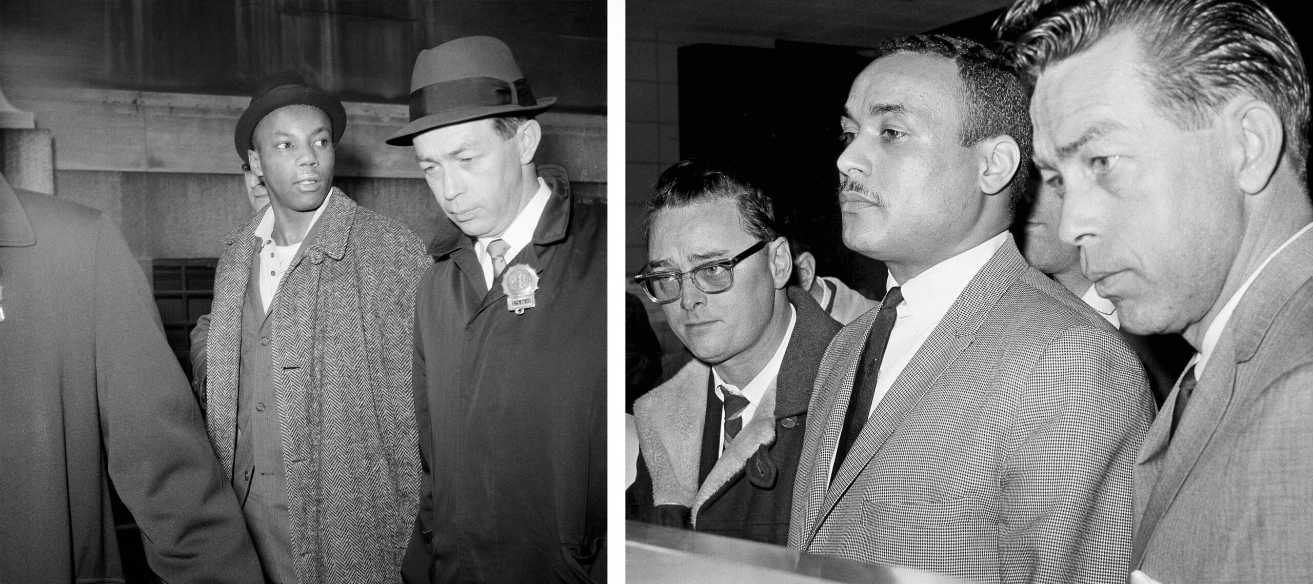 Left: Muhammad Aziz (then Norman 3X Butler) escorted by detectives in New York, Feb. 26, 1965. (Image: Associated Press). Right: Khalil Islam (then Thomas 15X Johnson) in New York, March 3, 1965. (Image: Associated Press)