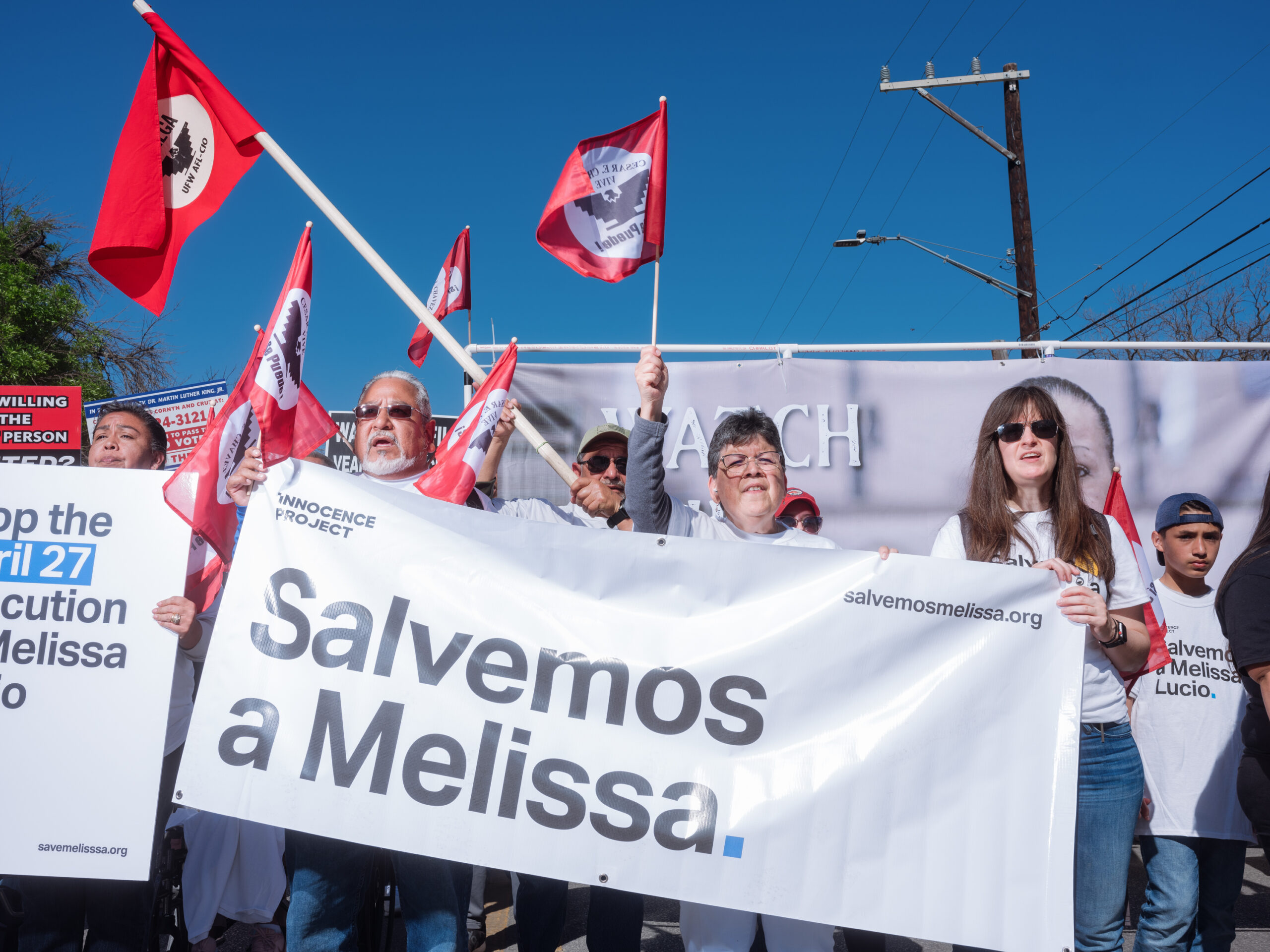 Advocates of Melissa Lucio were seen during the 26th annual Cesar E. Chavez March for Justice in San Antonio, Texas, on March 26, 2022. (Image: Christopher Lee for the Innocence Project)