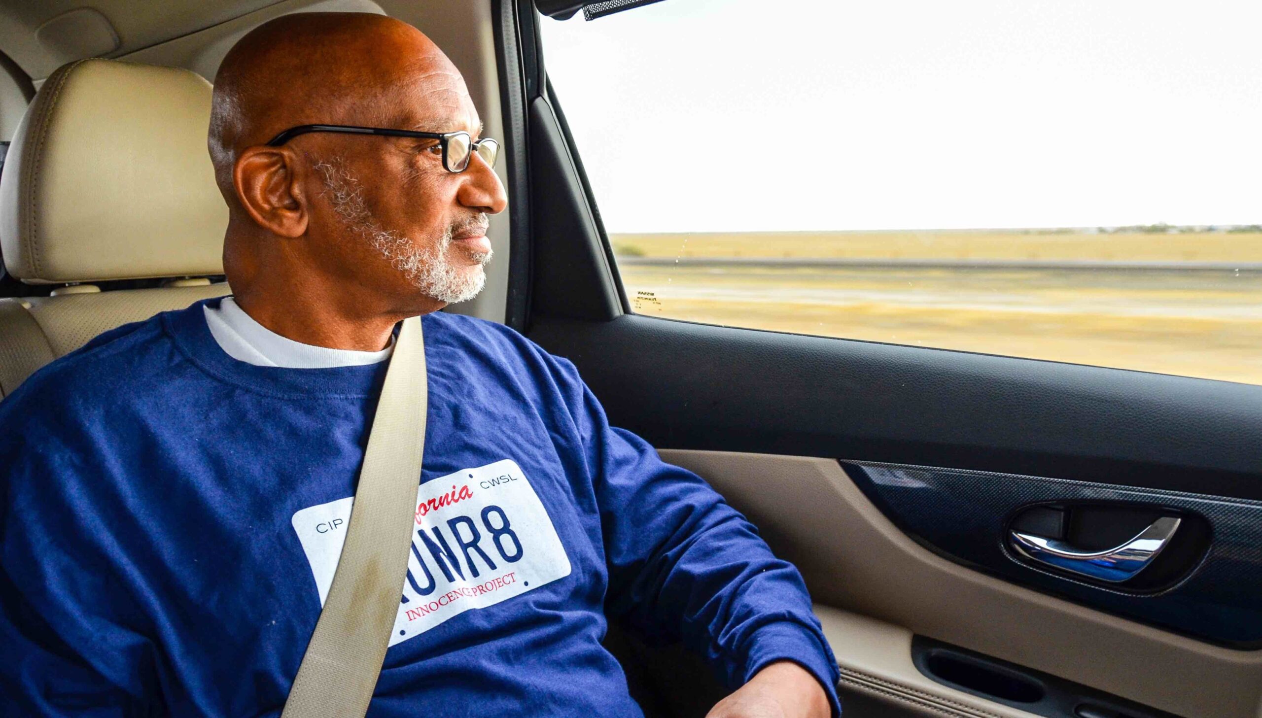 Horace Roberts shortly after he was released from prison wearing a CIP shirt. Photo courtesy of the California Innocence Project.
