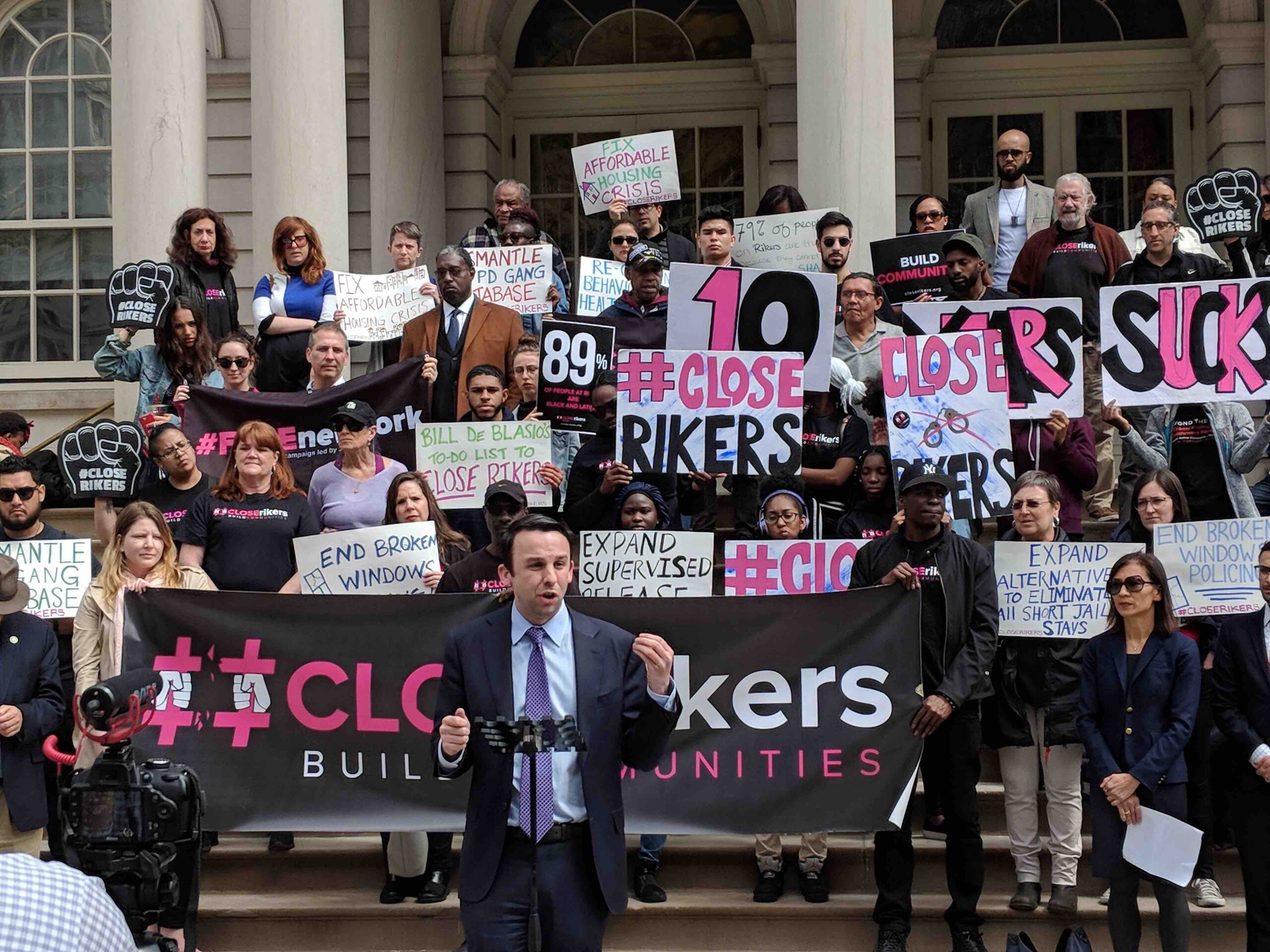 #CLOSErikers rally on the steps of New York City Hall. Photo by Maddy deLone.