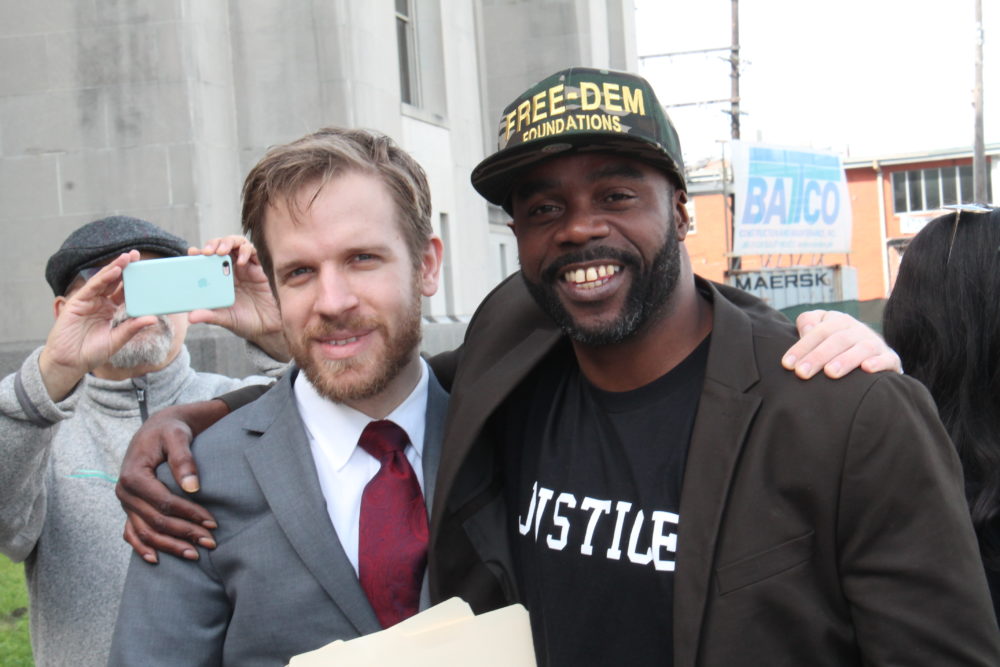 Robert Jones is pictured here (right) Immediately following his exoneration with Innocence Project New Orleans Deputy Director Richard Davis on Jan. 26, 2016. Photo: Innocence Project New Orleans.