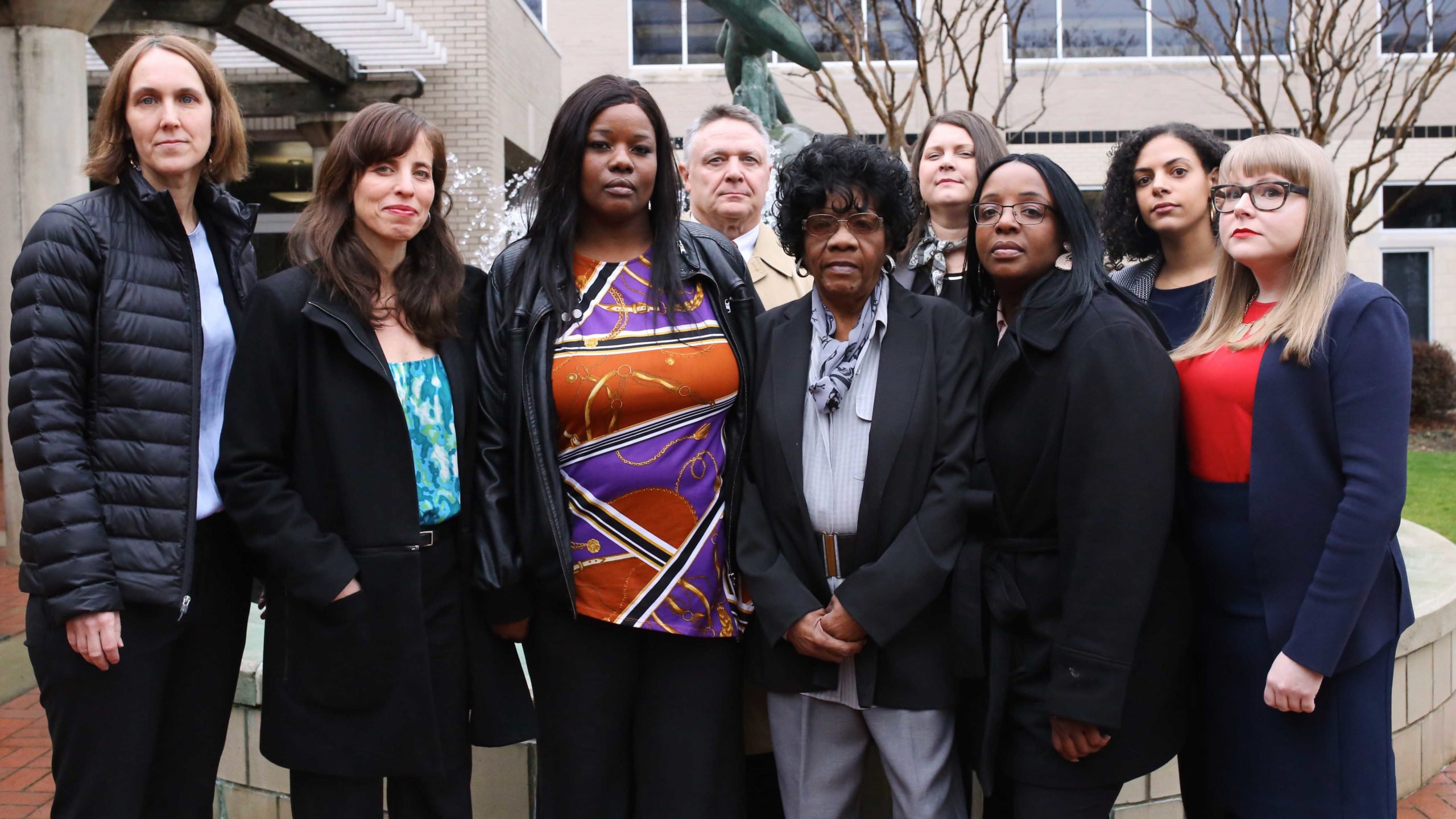 Members of Ledell Lee’s family and legal team, from left: John E. Tull (Quattlebaum, Grooms & Tull PLLC), Cassandra Stubbs (ACLU), Nina Morrison (Innocence Project), Shantel Young (sister of Ledell Lee), Stella Young (mother of Ledell Lee), Patricia Young (sister of Ledell Lee), Kaitlin Welborn (Hogan Lovells US LLP), Olivia Ensign (ACLU), and Hollly Dickson (ACLU of Arkansas), following the filing of a Freedom of Information Act lawsuit in state court on behalf of Patricia Young in Little Rock, Arkansas, on Jan. 23, 2020. [Matt White/Innocence Project]