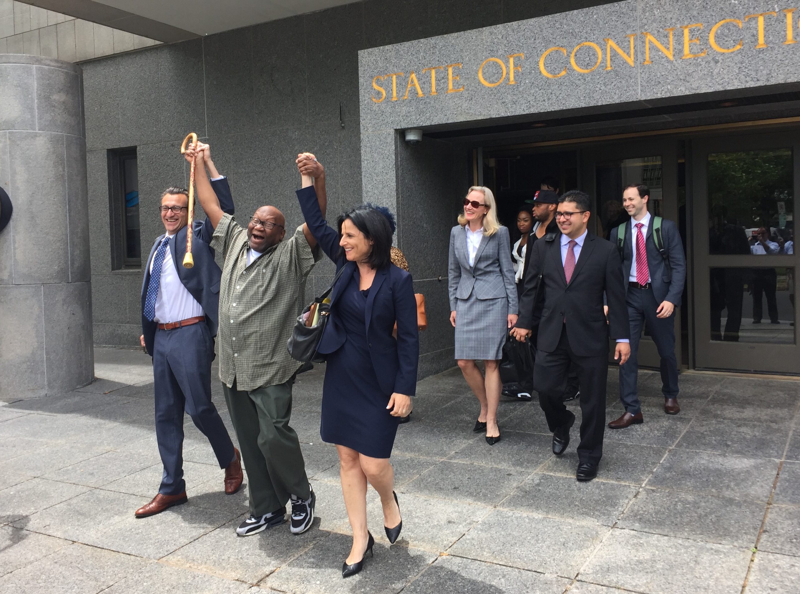 Alfred Swinton with Innocence Project Attorneys Chris Fabricant and Vanessa Potkin shortly following his release on June 18, 2017. 