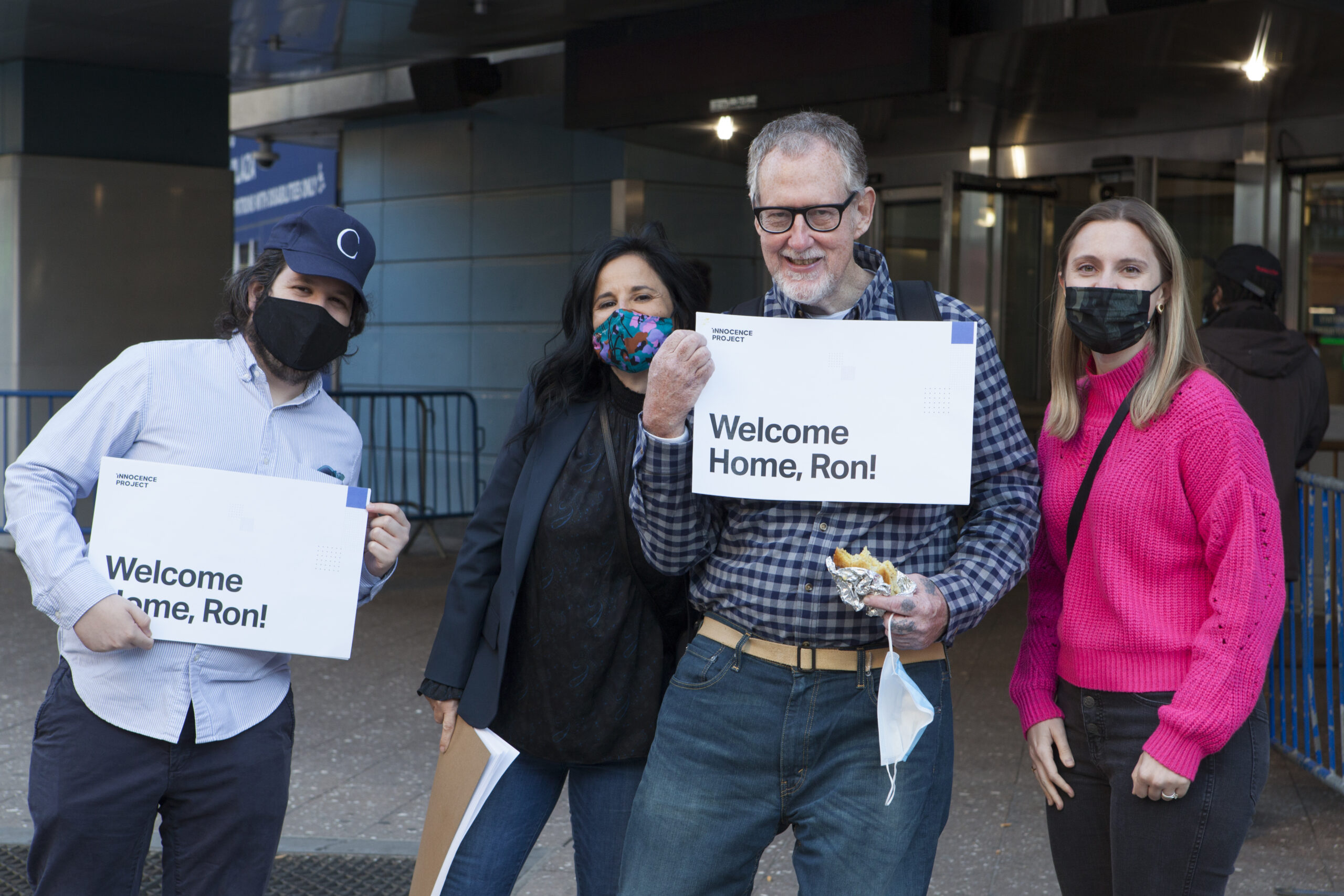 Ron Jacobsen (second from right) returns to his hometown of New York City for the first time in 30 years on Nov. 4, 2020. Mr. Jacobsen was released on bail on Nov. 3, after DNA evidence proved his innocence in 2019. His lawyer Vanessa Potkin (second from left) met him at Pennsylvania Station. (Image: Daniele Selby/Innocence Project)