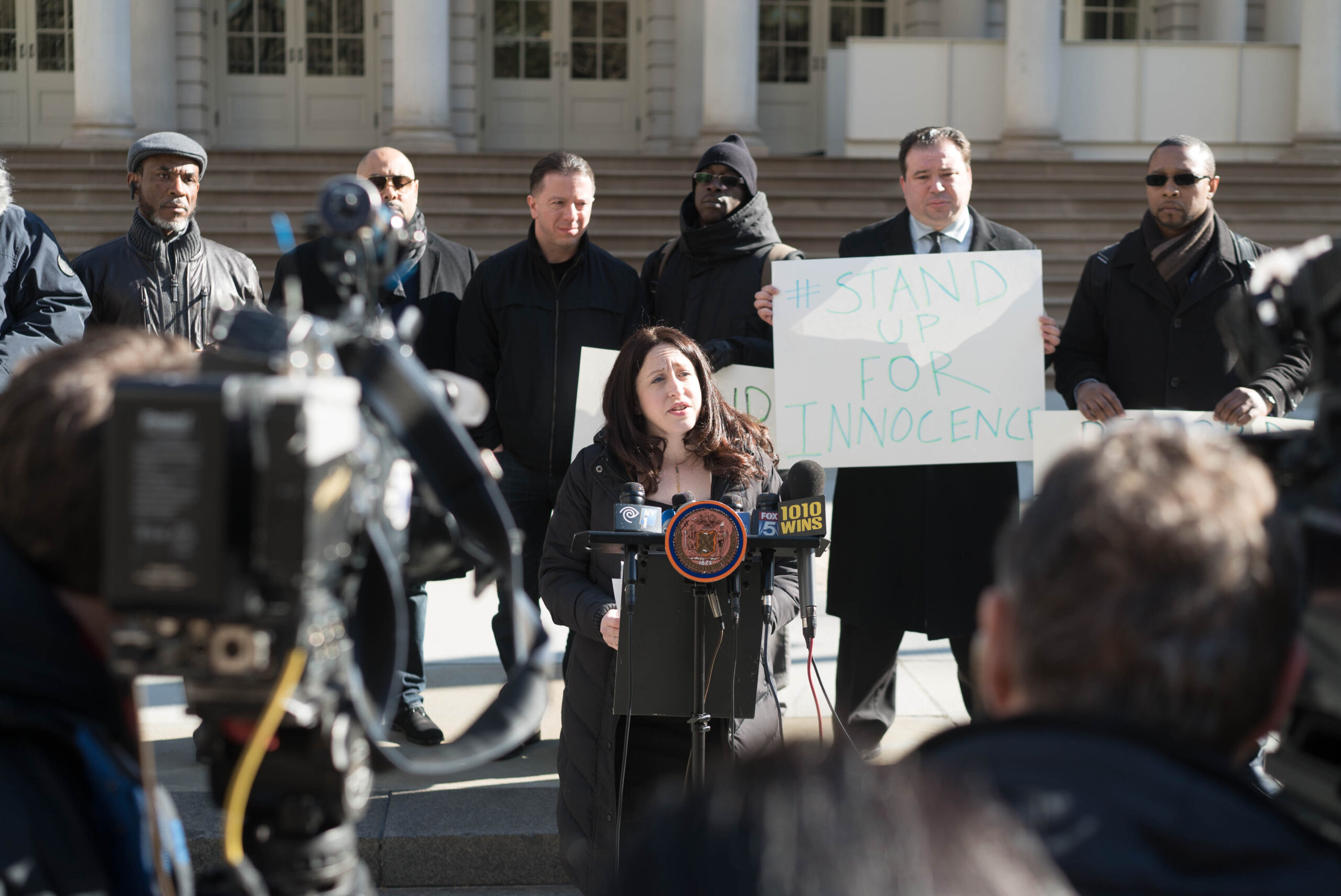 Innocence Project Policy Director Rebecca Brown speaking at City Hall in New York City. Photo by Sameer Abdel-Khalek/Innocence Project.