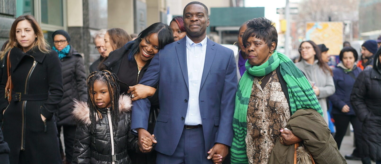 Mark Denny, walking in Brooklyn with his family, moments after he was exonerated on Dec. 20. Photo by Sameer Abdel-Khalek.