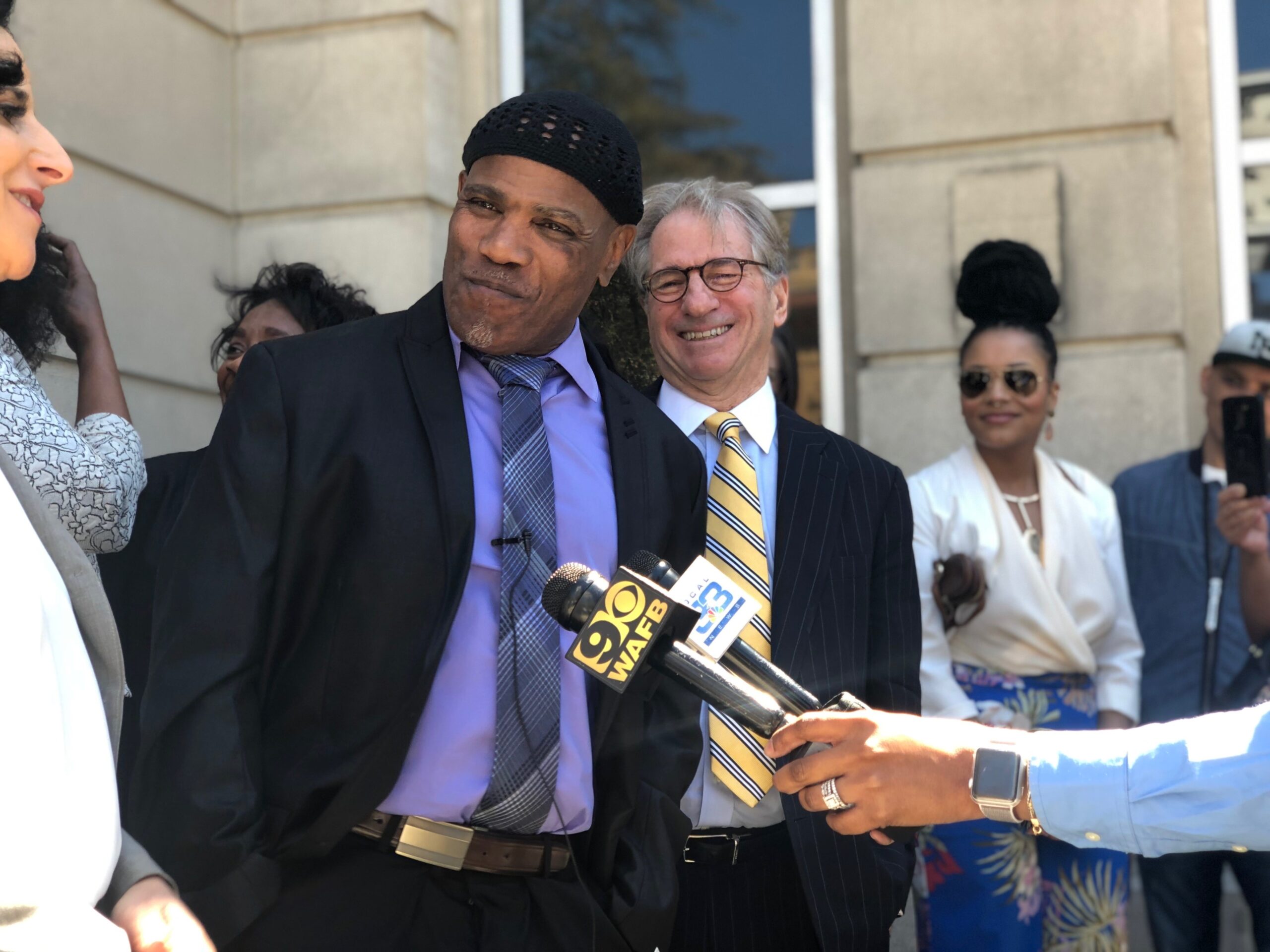 Archie Williams and Innocence Project Co-Founder Barry Scheck moments after his exoneration on March 21, 2019. Photo courtesy of Innocence Project New Orleans. 