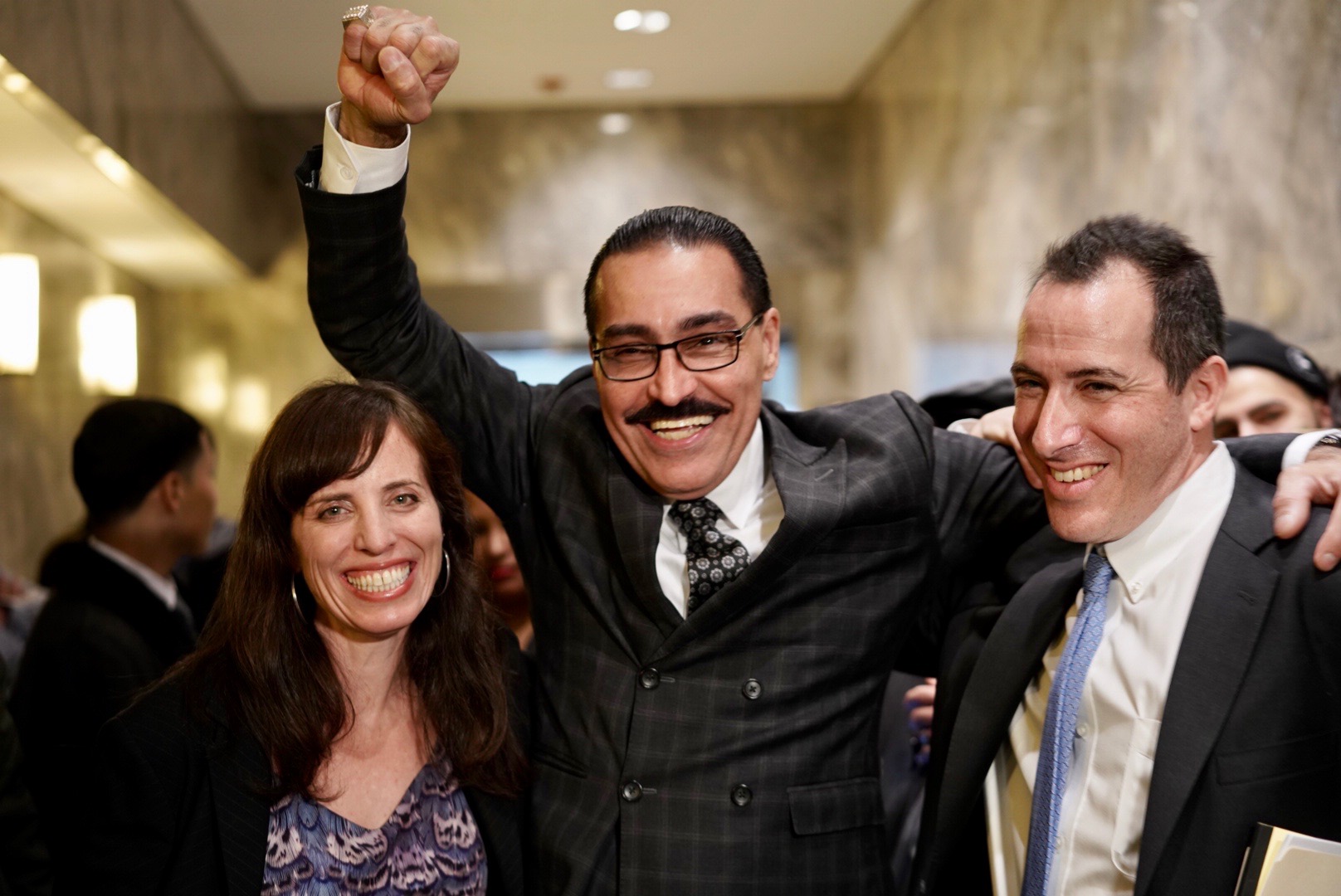 Photo: Innocence Project client Felipe Rodriguez is pictured with his attorneys Nina Morrison (senior litigation counsel at the Innocence Project) and Zachary Margulis-Ohnuma on the day he was exonerated in New York City. Felipe was wrongfully convicted based largely on the false testimony of a police informant and because evidence supporting his innocence was unlawfully withheld from his defense attorney. In 2017, Felipe was freed from prison after 27 years when his sentence was commuted by Governor Andrew M. Cuomo. As a result of a reinvestigation conducted by the Innocence Project and the Queens County District Attorney’s Office, Felipe was fully exonerated in 2019 after seeking justice for nearly 30 years.
Credit: Sameer Abdel-Khalek for the Innocence Project.