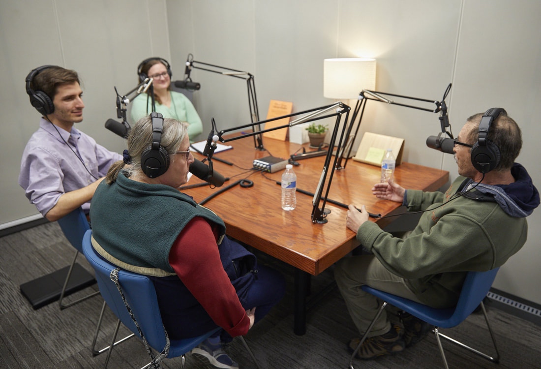 (L-R): Nicole Baker (producer), Brian Pilchik (producer), Beverly Rosario and Victor Rosario (exoneree) recording an episode of 