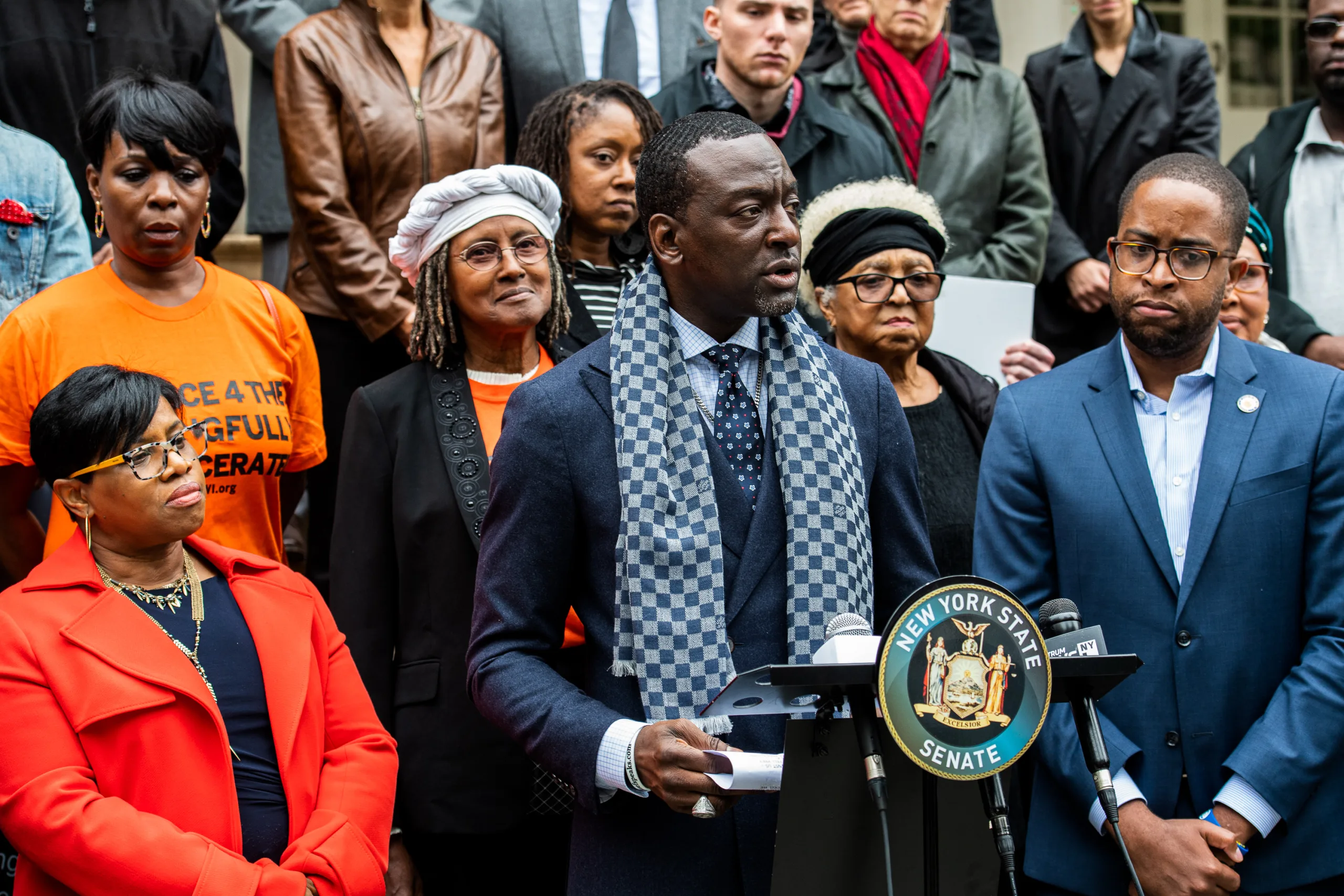 Dawn Mitchell of Legal Aid, Dr. Yusef Salaam, and Rep. Zellnor Myrie on Tuesday, Oct. 29, 2019 in New York. (Larry Busacca/AP Images for the Innocence Project)