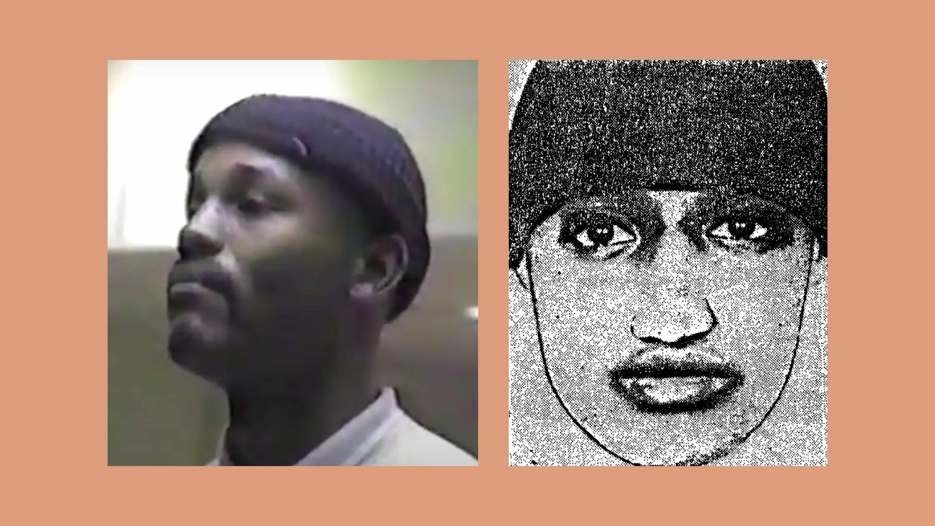 Perry Lott, with a mustache, in the photo lineup compared to the police composite sketch of the assailant, a man without a mustache. (Image: Innocence Project)