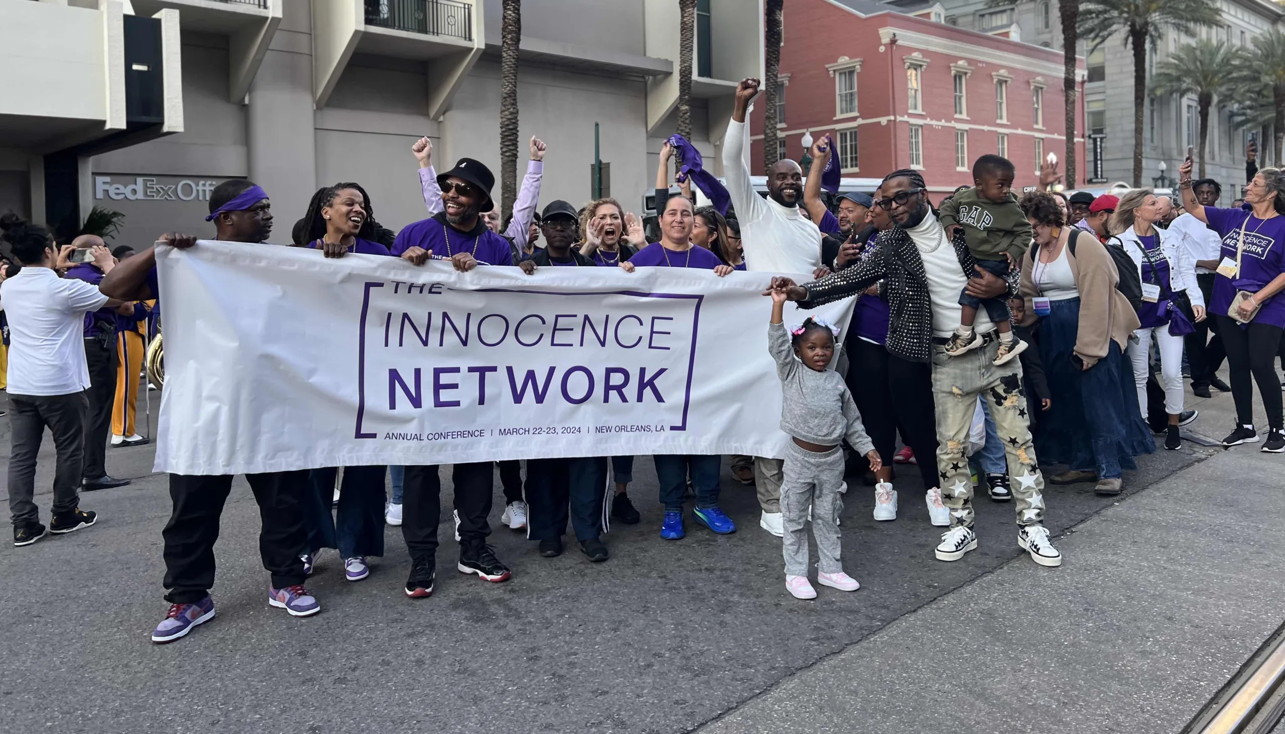 Innocence Network Conference leaders including Rodney Roberts, Termaine Hicks, Anna Vasquez, Robert Jones, and Jerome Morgan at the Freedom Parade in New Orleans. (Image: Alicia Maule/Innocence Project)