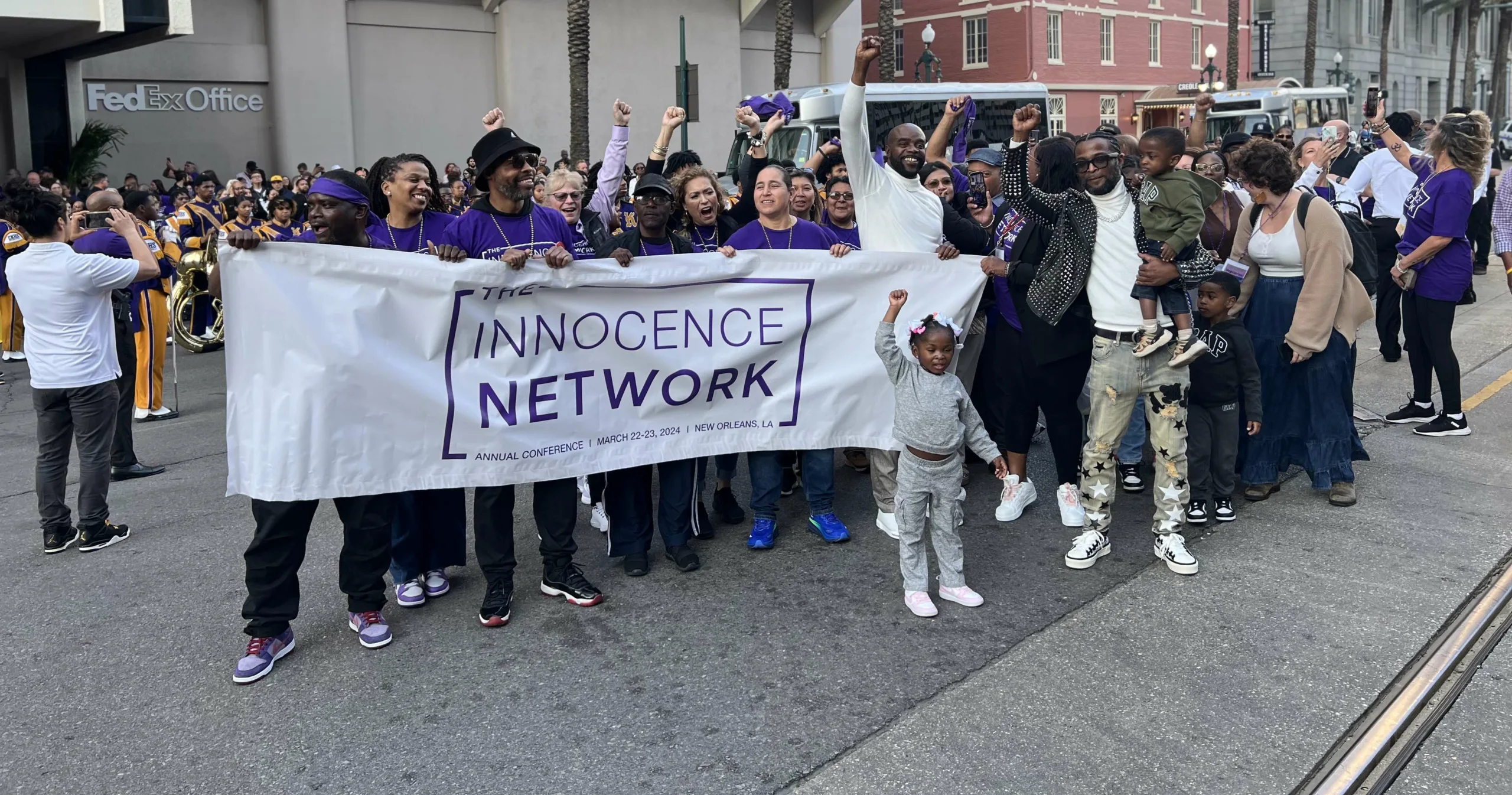 Innocence Network Conference leaders including Rodney Roberts, Termaine Hicks, Anna Vasquez, Robert Jones, and Jerome Morgan at the Freedom Parade in New Orleans. (Image: Alicia Maule/Innocence Project)