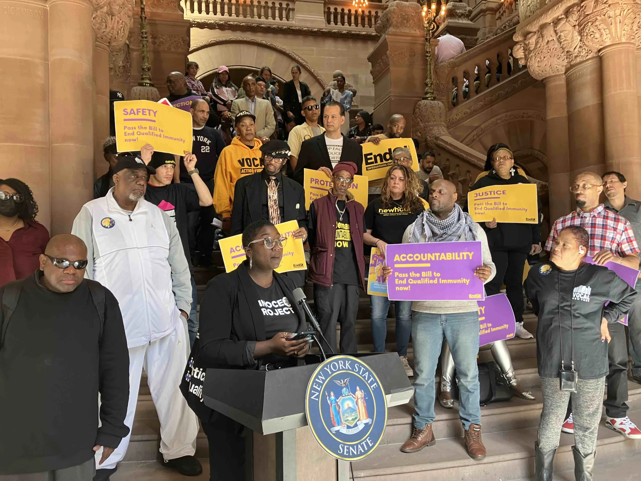 Keli Young speaking at the April 2024 End Qualified Immunity Rally in Albany, New York (Image: Courtesy of the Keli Young)