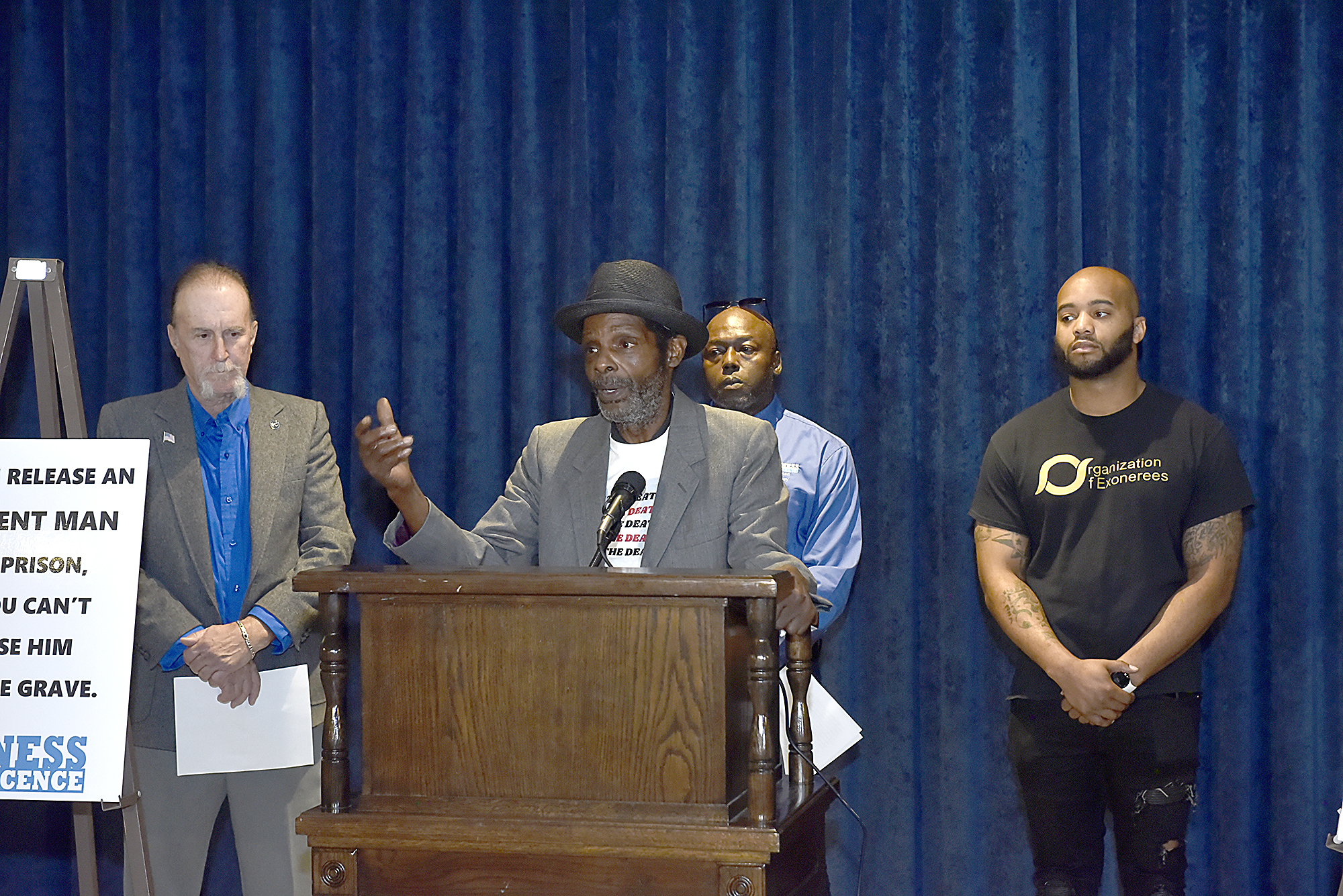 Joe Amrin, center, speaks at the Missouri Innocence Project press conference with fellow exonerated men Ray Krone, left, of Arizona, Herman Lindsey, center, of Florida and Eric Anderson of Michigan, Thursday Aug. 1, 2024 at the Missouri Capitol. Amrin spent 16 years on death row in Missouri for a killing he did not commit. The group is calling for Attorney General Andrew Bailey to drop his opposition to an innocence hearing for Missouri death row inmate Marcellus Williams on Aug. 21. Williams is scheduled to be executed Sept. 24. Don Shrubshell.