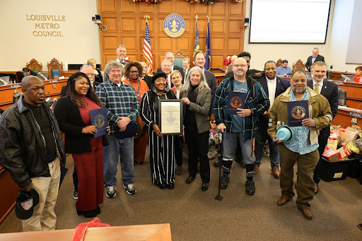 Kentucky Exonerees awarded with proclamation: (From left) Keith West, Johnetta Carr, Mike VonAllmen, Councilwoman Parrish-Wright, Suzanne Hopf, Paul Hurt, Kerry Porter  (Photo Credit: Kira Meador)