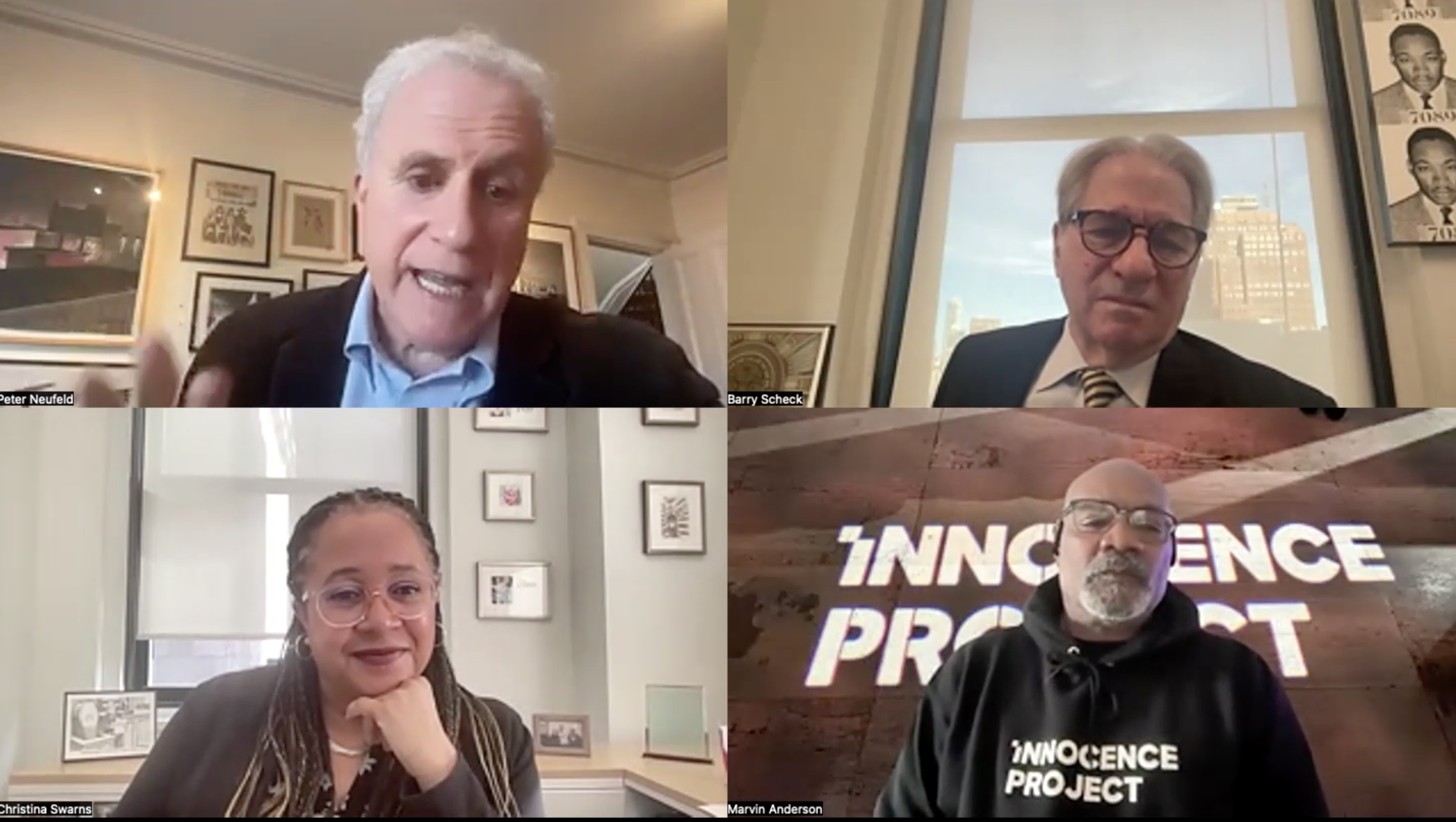 Peter J. Neufeld, Barry Scheck, and Christina Swarns are joined my Innocence Project client Marvin Anderson for a Speaking of Innocence webinar. 