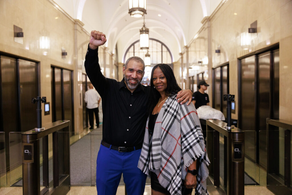 Brian Boles celebrates his exoneration at the Innocence Project's office. (Image: Nick Castle/Innocence Project) 