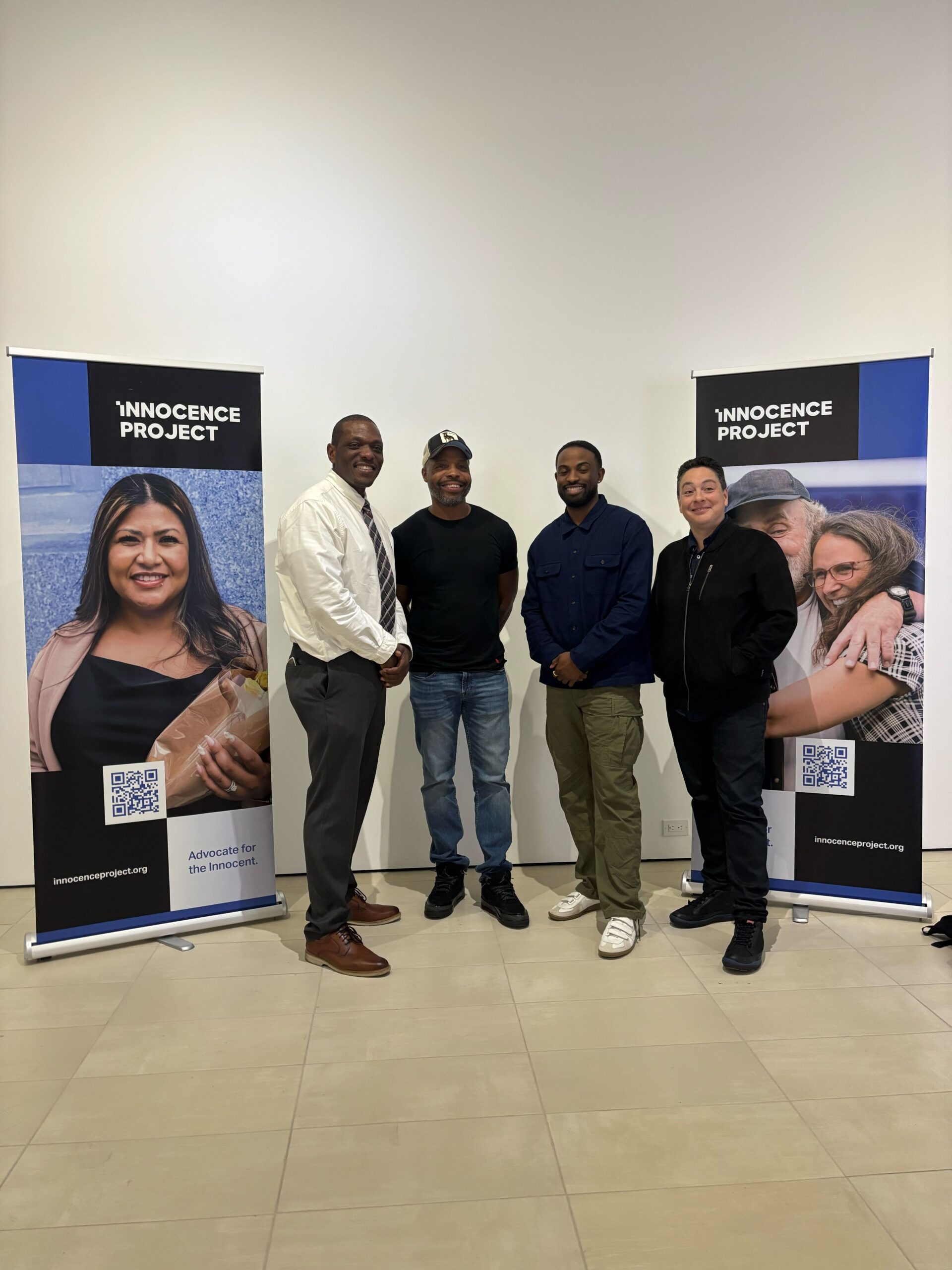 Assistant Director of Ambassadors and External Programs Jule Hall (far left) and Director of Social Work Suzy Salamy (far right) with Exoneree Advisory Council member Termaine Hicks (center left) and Right of Return Fellow Sherrill Roland (center right) at the October Wrongful Conviction Day event. (Photo: Isabel Vasquez/Innocence Project)