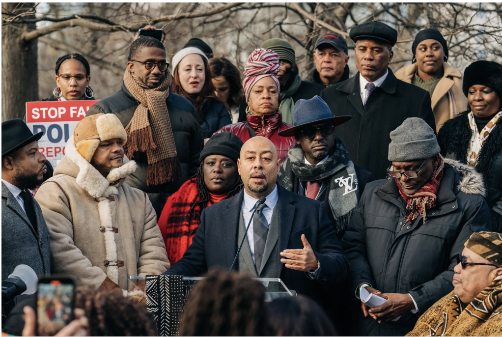 Raymond Santana speaks at the unveiling of the “Gate of the Exonerated” Central Park Entrance on Dec. 19, 2022, the 20th anniversary of their exoneration. (Image: Jeenah Moon/Innocence Project)