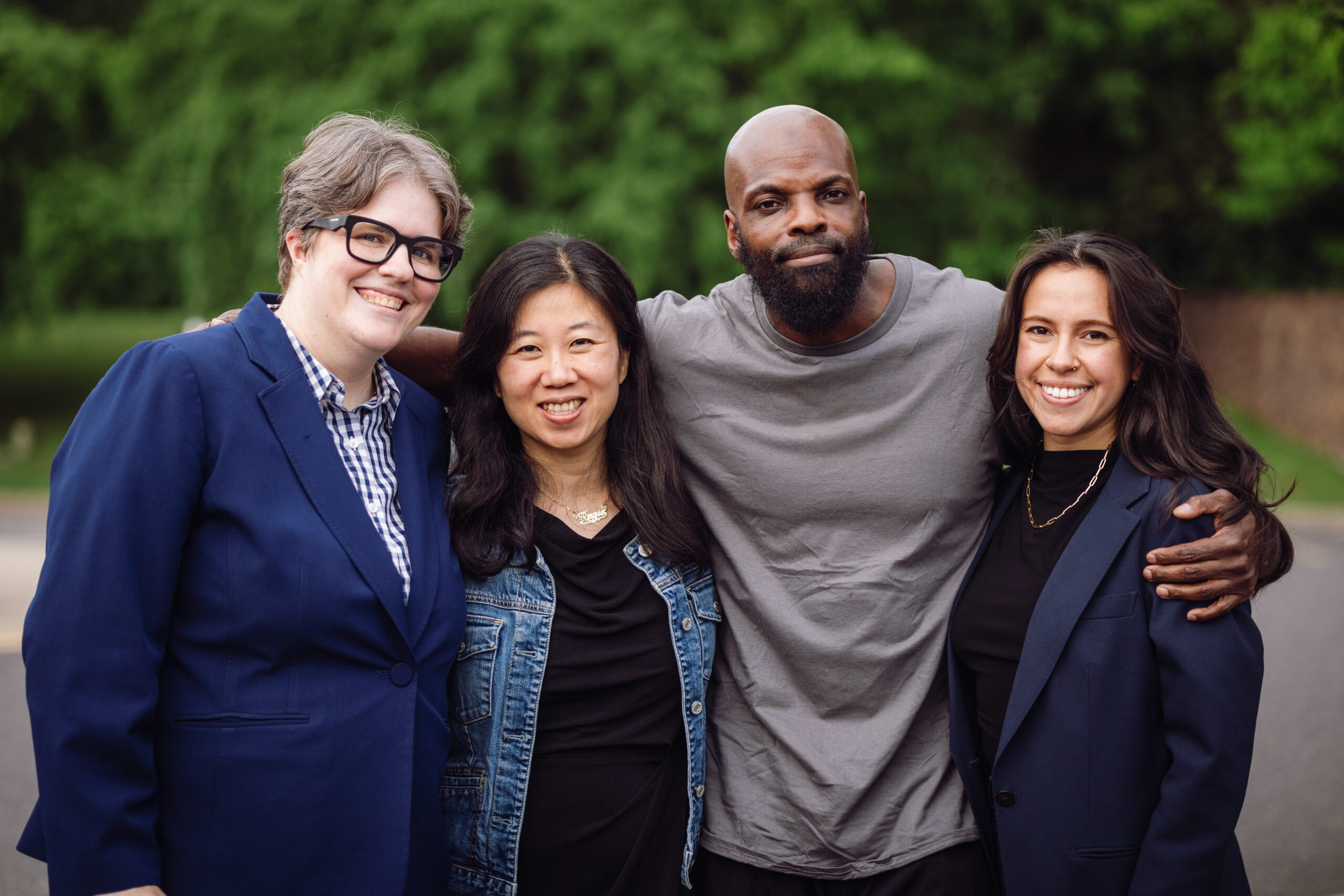 Jermal Shuler and his legal team on May 26, 2026, following his exoneration and release after 28 years of wrongful conviction in Pennsylvania. Left to right: Exoneration Project Executive Director and attorney Tara Thompson, Innocence Project Senior Staff Attorney Angie Louie, Jermal Shuler, and Innocence Project Paralegal Liv Chalfin. (Image: Laura Granese/Colibri Workshop for the Innocence Project)