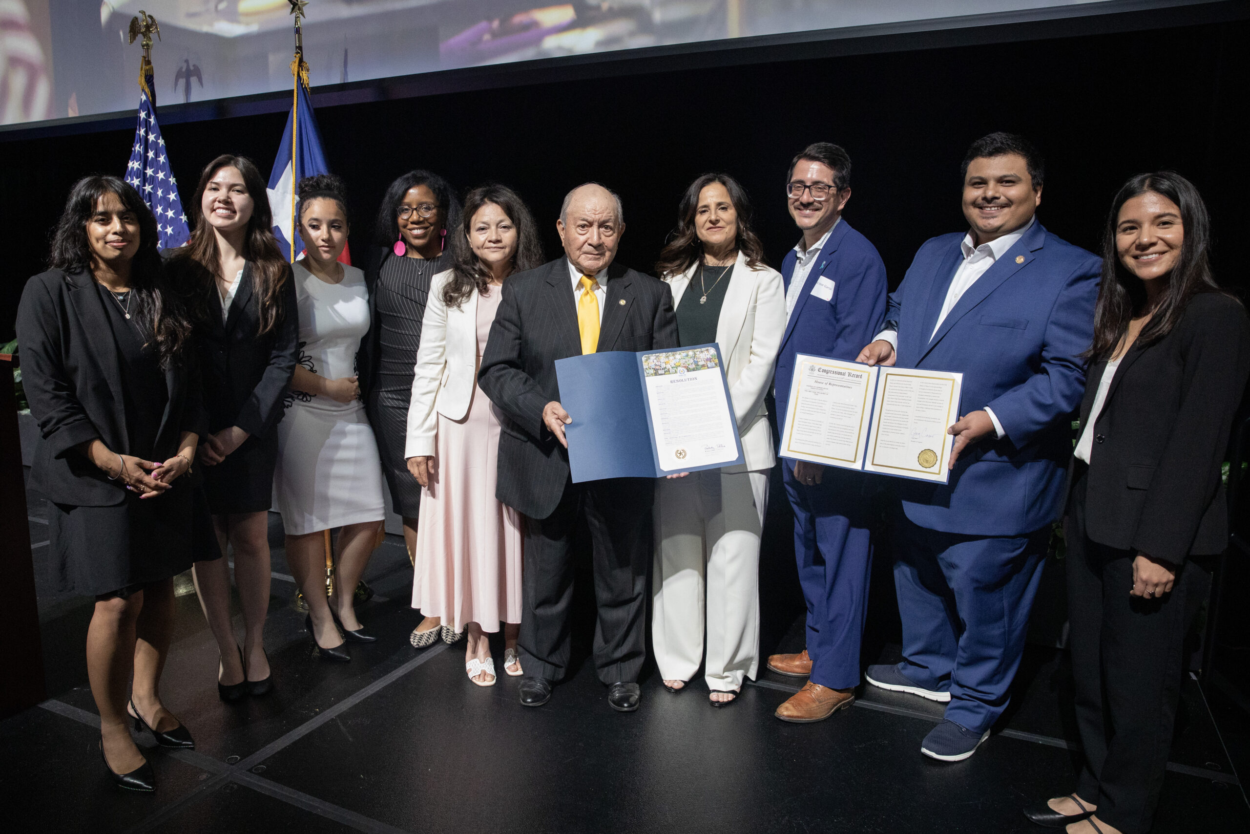 Art Guerrero with Carmen Mejia and the Innocence Project team after receiving awards from U.S. Rep. Greg Casar and Travis County district attorney Jose Garza during the Travis County 2026 State of the County address in Austin, Texas, on April 30, 2026. Montinique Monroe for the Innocence Project