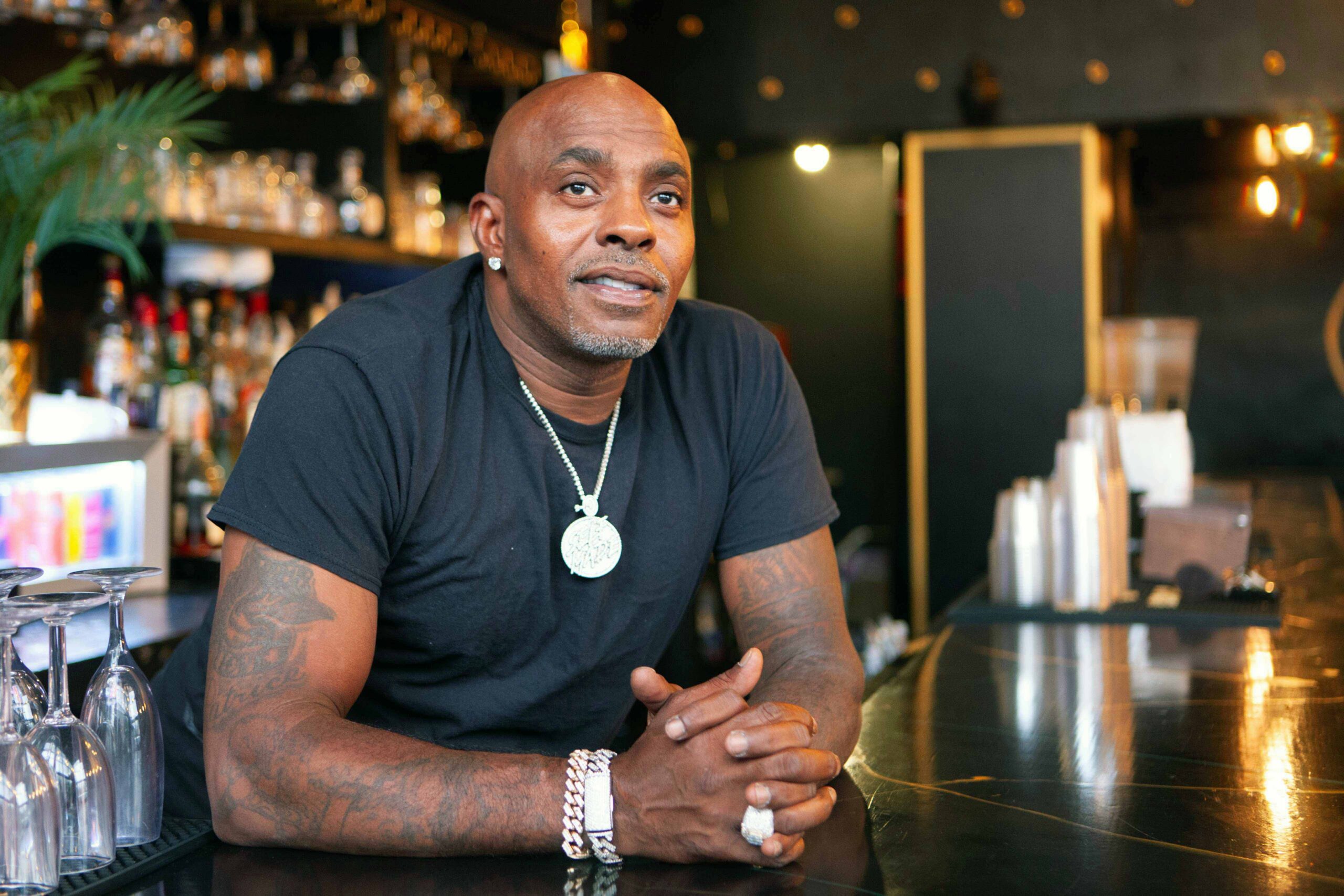 Jabar Walker at Lux Bar and Grill, which he co-owns with his brother, on July 28, 2026. (Image: Daniele Selby/Innocence Project)