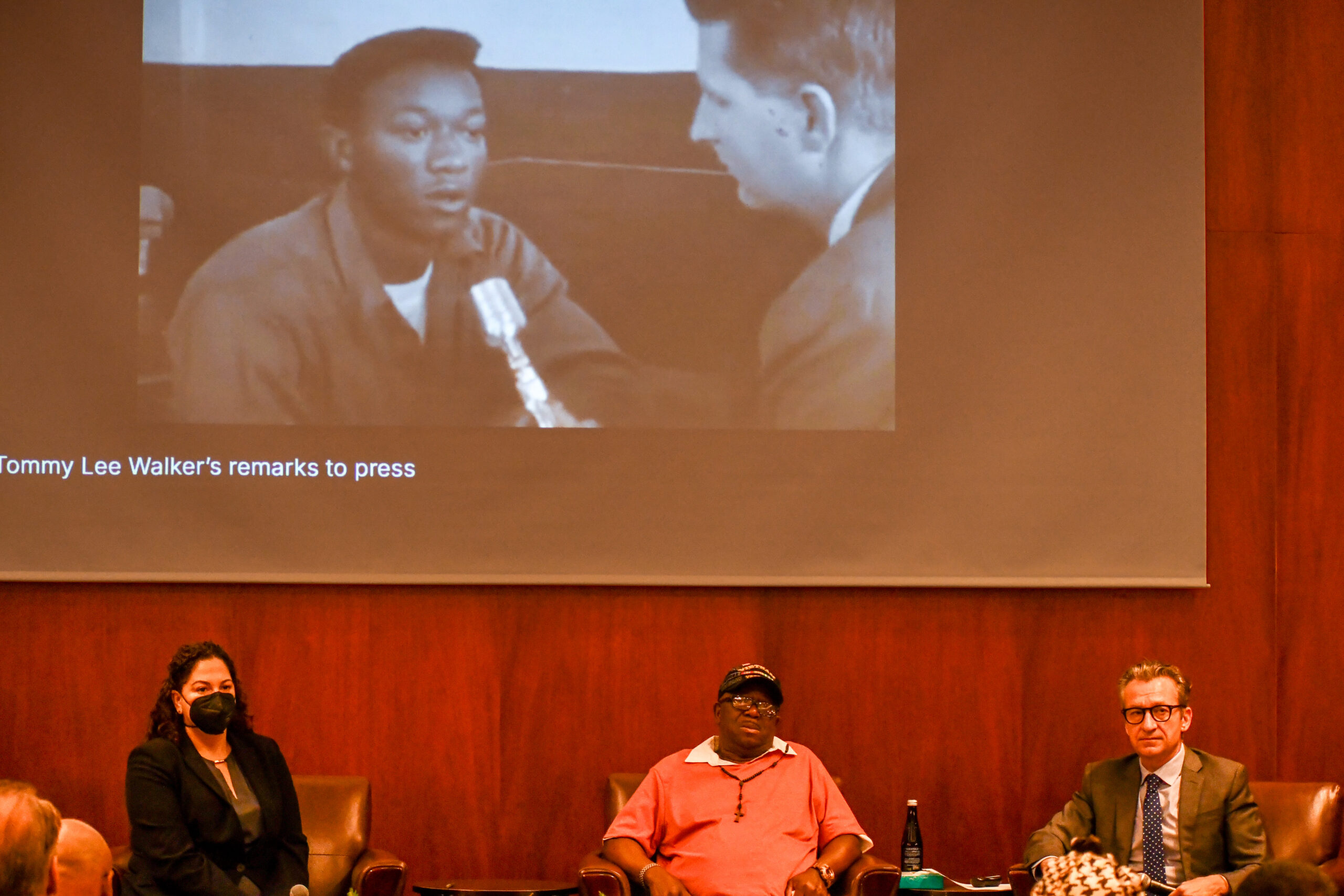 Innocence Project's Lauren Gottesman (left) and Chris Fabricant (right), share the stage with Ed Smith as they listen to a clip of Tommy Lee Walker at the Race and Wrongful Conviction Symposium at NYU.(Photo: ISAAC'S QUARTERLY LLC®)