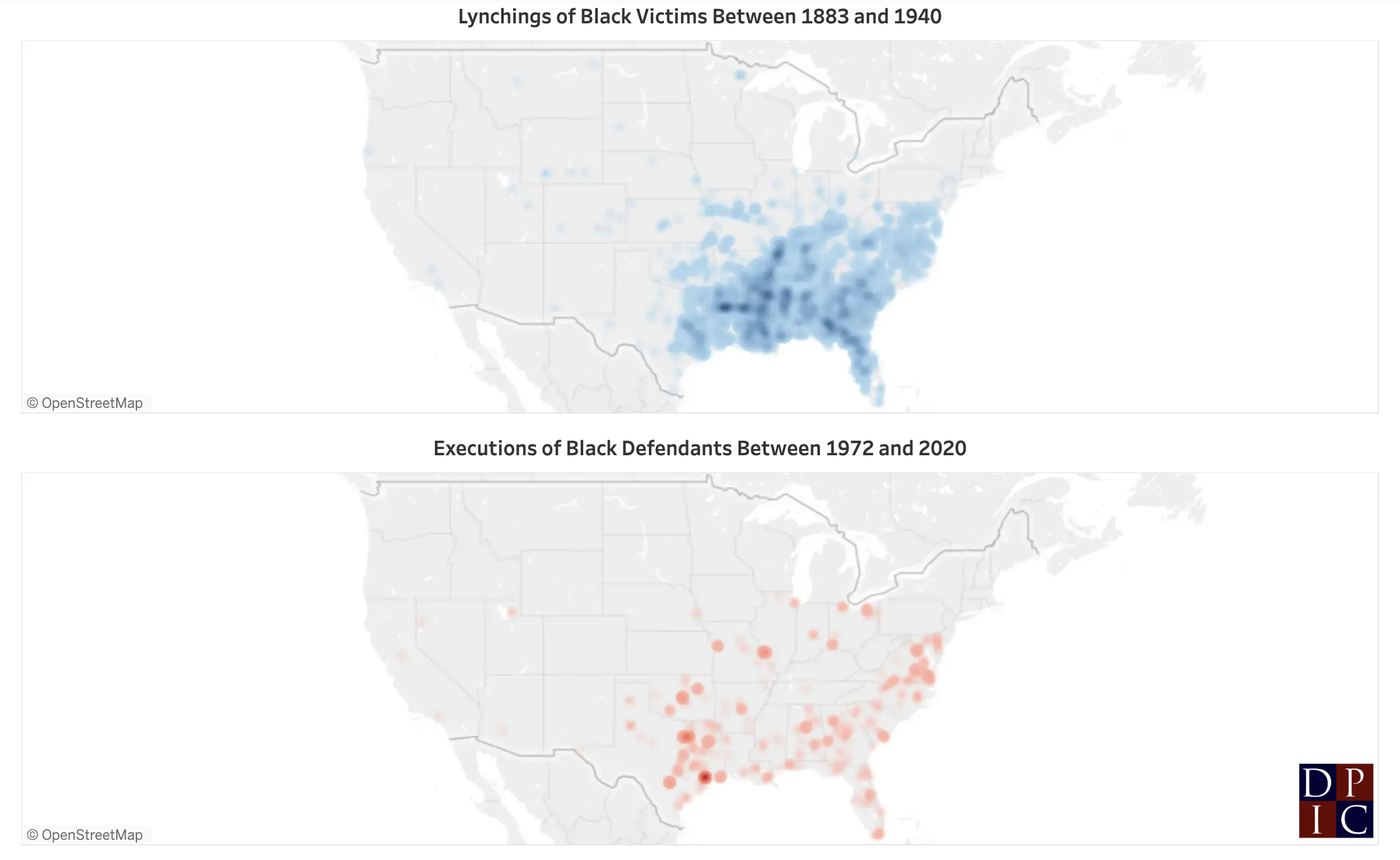 Screenshot of Death Penalty Information Center's Lynchings v. Executions Interactive Visualization maps. 